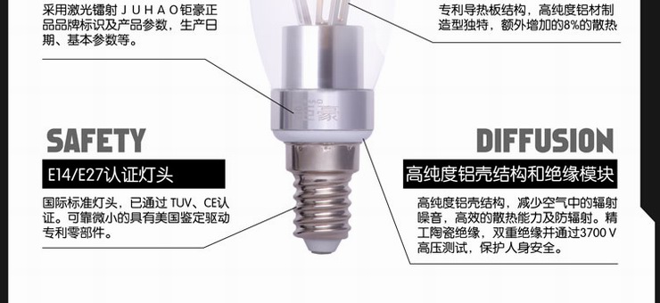 钜豪LED灯泡 银色小螺口E14尖泡银色3W光源JH-E14B07超亮 单支-银色3W