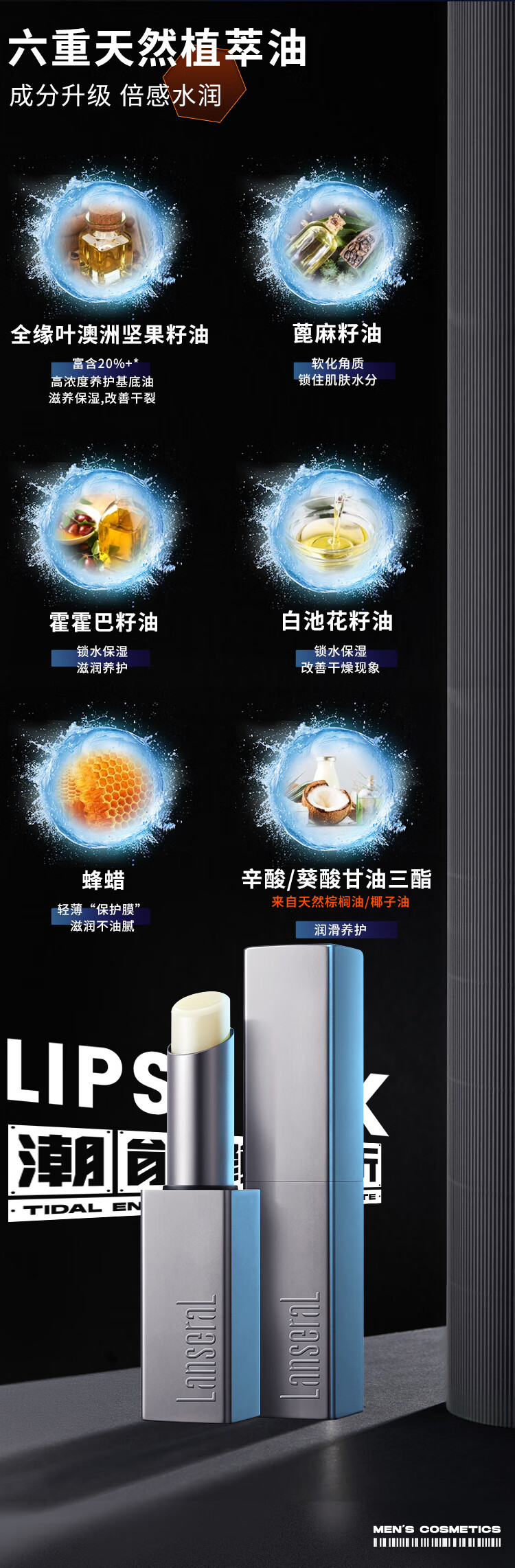 蓝系（Lanseral） 蓝系男士润唇膏保湿防干裂男士专用秋冬保湿滋润防干燥改善唇纹 1支装（3g）