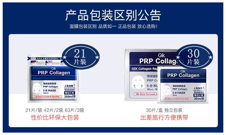 Gik 面膜prp胶原蛋白保湿修护面膜日本玻尿酸补水保湿敏感肌孕妇护肤 血清胶原保湿面膜3包（63贴）