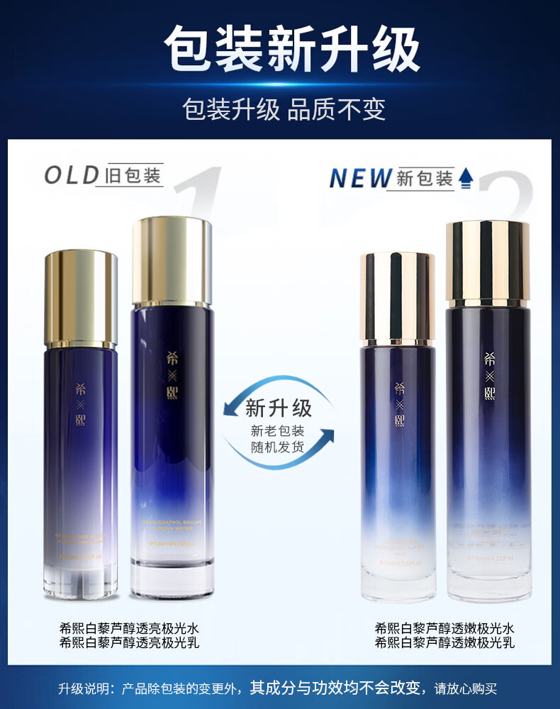 希熙 白藜芦醇透亮极光水乳组合补水滋润清爽护肤男女套装 水+乳+洁面+面霜+精华液