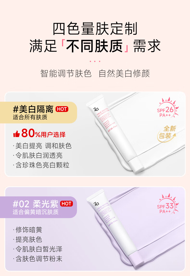 Za姬芮新焕真皙美白隔离霜防晒遮瑕三合一妆前乳持久保湿打底素颜bb霜控油初学者男女士女友礼物 【美白提亮 SPF26】隔离白色35g*2