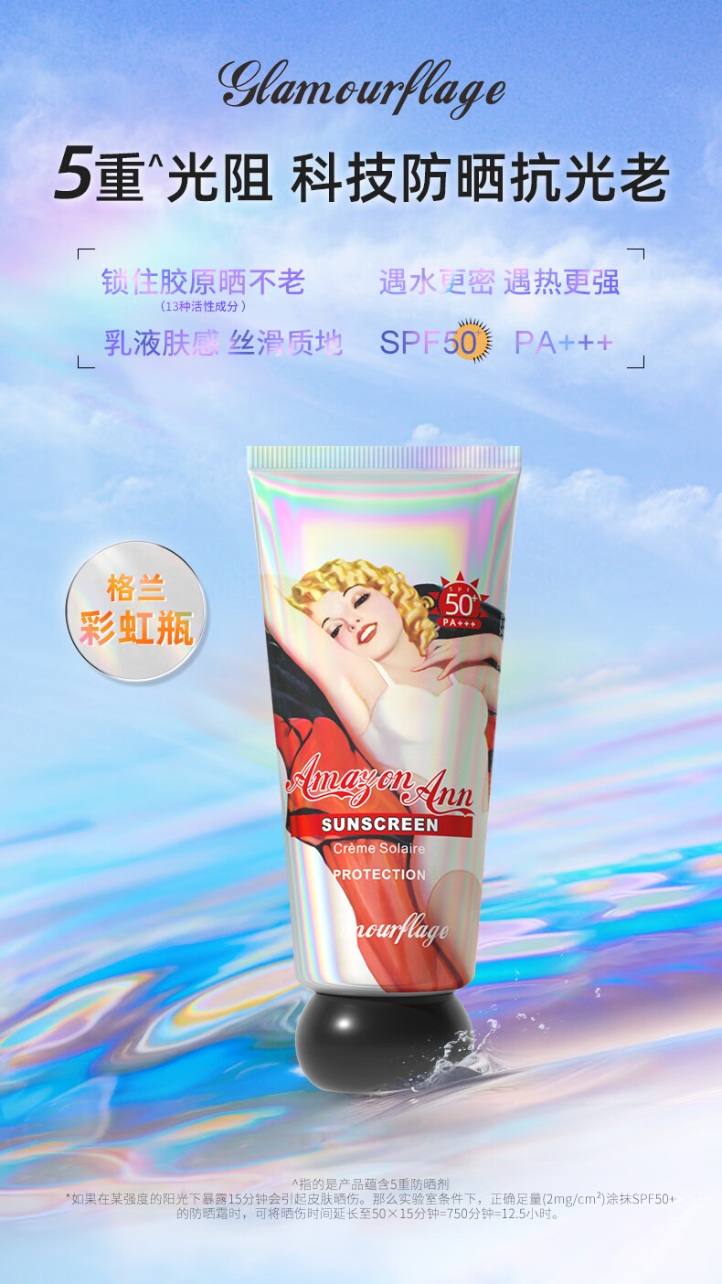 格兰玛弗兰安娜亚马逊防晒霜50mlSPF50+隔离防晒保湿防水防汗学生军训防晒霜 彩虹瓶防晒霜50ml