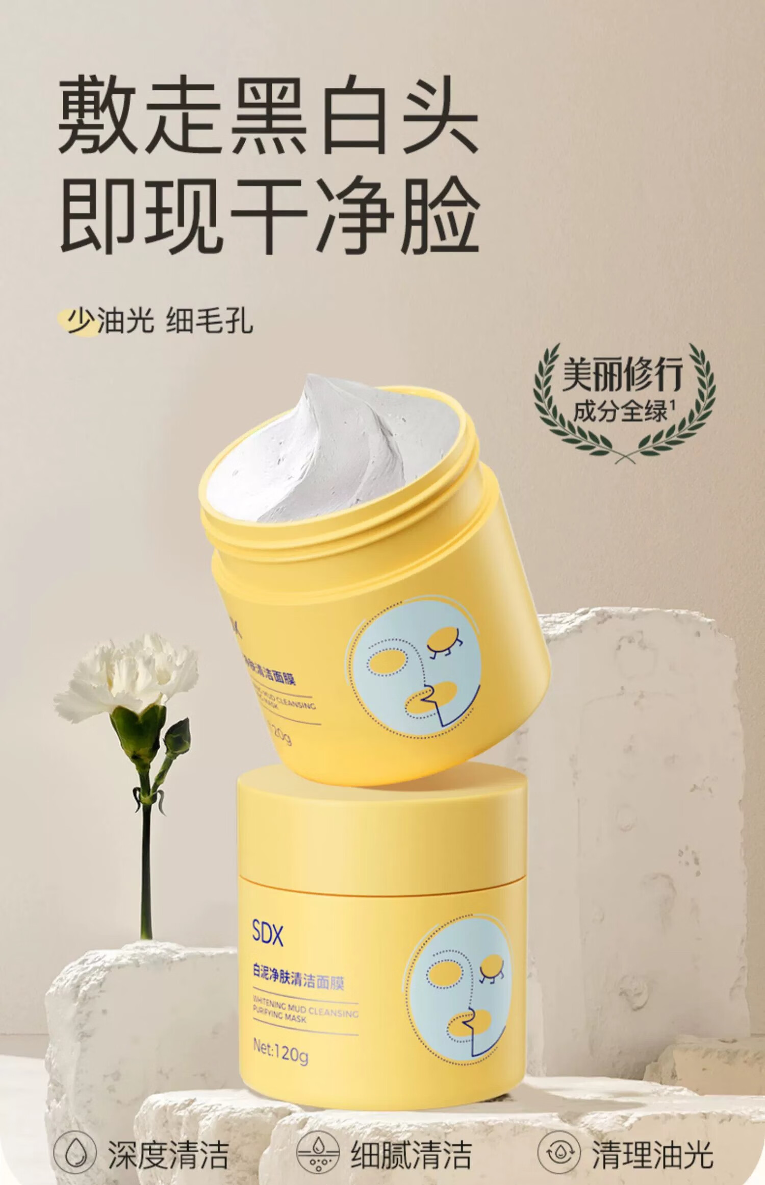 SDX白泥净肤清洁面膜泥膜深层清洁收缩毛孔保湿涂抹面膜 白泥净肤清洁面膜120g