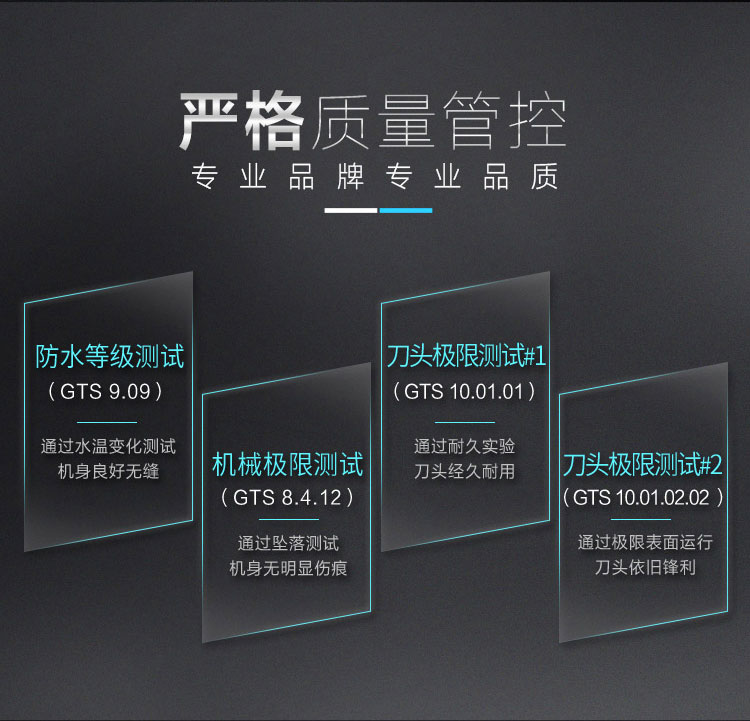 严格质量管控专业品牌专业品质防水等级测试刀头极限测试+1(GTs9.09)(GTS10.01.01)通过水温变化测试通过耐久实验机身良好无缝机械极限测试刀头经久耐用刀头极限测试GTS8.4.12)(GTS10.01.02.02)通过坠落测试通过极限表面运行机身无明显伤痕刀头依旧锋利-推好价 | 品质生活 精选好价