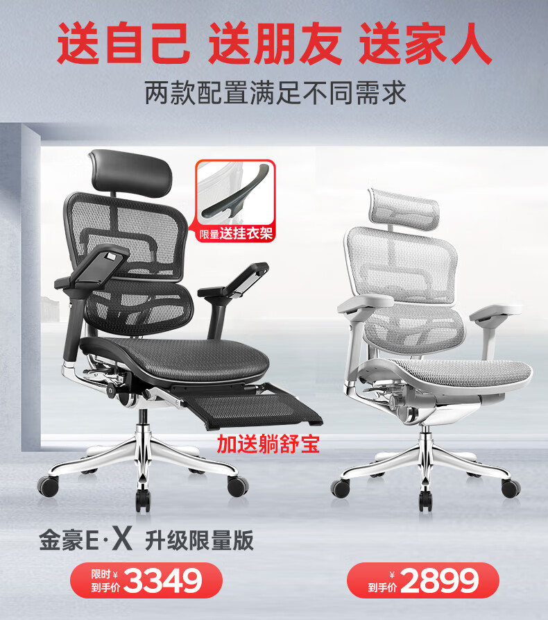 保友金豪e精英版/金豪ex人体工学椅 电脑椅子 护脊办公椅 电竞椅 可躺老板椅 靠背座椅 灰框-银白色（美国网）+躺舒宝 精英版