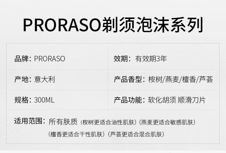 PRORASO 意大利进口男士剃须泡沫刮胡子泡沫软化胡须剃须啫喱 清爽祛油桉树薄荷 300ml