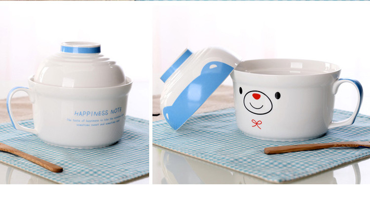 
                                        瓷魂 景德镇韩式卡通陶瓷泡面带盖碗泡面杯餐具套装 微波炉适用 蓝色蝴蝶结熊                