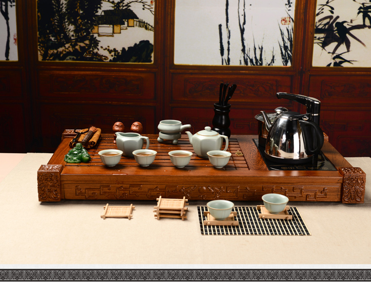 馨铭堂 六角壶汝窑茶具 鸡翅木茶盘带电热炉整套功夫茶具套装