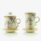 
                                        思喜 景德镇亚光白陶瓷 缠枝莲纹水杯 茶杯 带茶漏 JDCUP001                