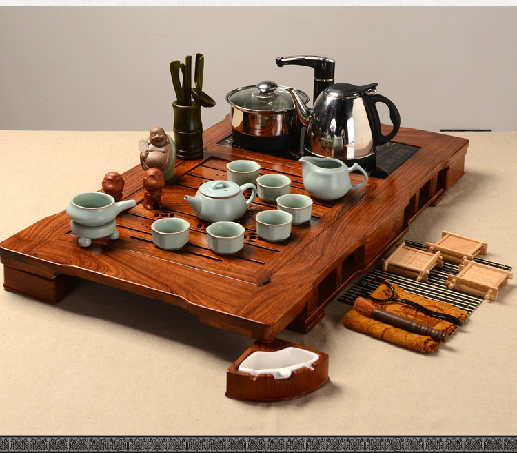 馨铭堂 石瓢壶汝窑茶具 花梨茶盘带电热炉整套功夫茶具套装