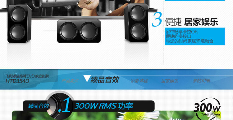 飞利浦（PHILIPS）HTD3540 音响 音箱 家庭影院 功放 DVD 5.1声道音箱 高清1080P USB连接 卡拉OK（黑）