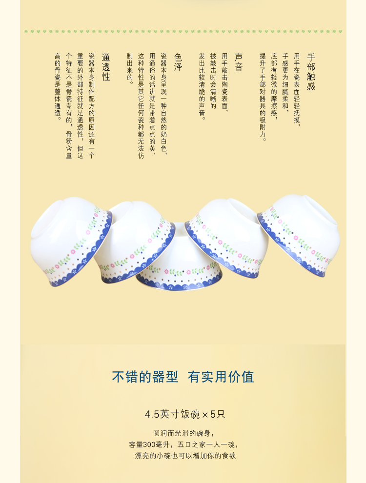 TAISUN 4.5英寸骨瓷陶瓷碗 小面碗 五只装 莱茵河畔 
