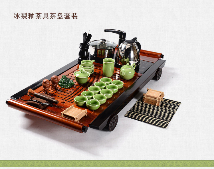馨铭堂 画卷 青瓷开片釉茶具实木茶盘带电热炉整套功夫茶具套装