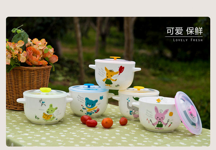 剑林 陶瓷卡通双耳带盖泡面碗饭碗 我爱野炊 F677XW