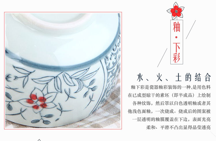 山田烧米饭碗 陶瓷碗带盖(4.5英寸)手绘釉下彩日式带盖面碗(2只装) 五瓣花