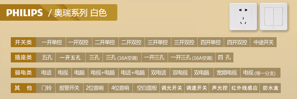 利浦开关插座面板奥瑞系列白色双开单控开关8