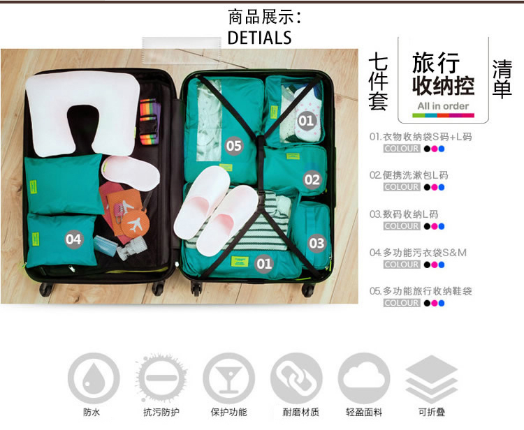 
                                        
                                        欧润哲 收纳袋包 洗漱包便携式旅行李袋化妆包 湖蓝色 7件套                