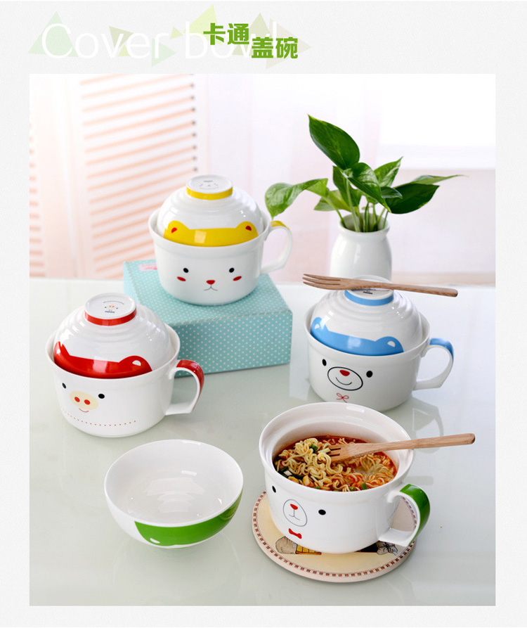 
                                        剑林 景德镇韩式卡通陶瓷泡面带盖碗泡面杯餐具套装 微波炉适用 绿色领结狗                