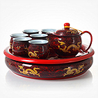 思喜900ml景德镇陶瓷提梁壶茶具 竹制茶托盘套装 黄金藤吉祥套组
