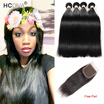 HCDIVA Straight Hair 4 Bundles with Closure Brazilian Virgin Human Hair Bundle with Closures Free part Natural Black