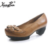 Xiangban women shoes medium heel mother rough with casual women pumps pointed head genuine leather handmade