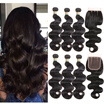 MORICHY Brazilian Body Wave 3 Bundles with 3 Part Lace Closure 7A Unprocessed Virgin Human Hair Weave Bundles with Closure