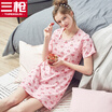Three Guns Womens Cotton Nightdress Cotton Print Cotton Cute Cartoon Short Sleeve Womens Home Dress Heart Powder 2XL