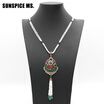 Vintage Nigeria Women Green Bead Long Necklace Hollow Flower Tassels Sweater Chain Ethnic Turkish India Antique Festival Jewelry