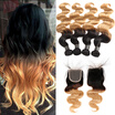 Pre -colored Hair Weave brazilian 3 Bundles With Closure 4x4 1B27 Ombre Brazilian Body Wave Human Hair Bundles