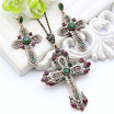 Vintage Turkish Women Flower Cross Jewelry Sets Antique Gold Color Resin Cross Earring Rhinestone Cross Necklace Ethnic Jewelry