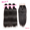 Alot Hair Peruvian Straight Human Hair Bundles With Lace Closure MiddleFree Three Part Natural Black 3 Bundles Hair & Closure