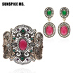 2pcs Sets Vintage Bracelet Earring Turkish Women Antique Gold Color Round Resin Jewelry Sets Flower Bangle Long Dangle Earrings