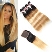 Ombre Brazilian Straight Human Hair Bundles with Closure T1B27 Brazilian Remy Hair Weave 3 Bundles with Lace Closure