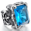 Hpolw Mens Large Stainless Steel Glass Ring Silver Black Blue Dragon Claw Knight Fleur De Lis Vintage Gothic