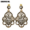 Vintage Turkish Women Hollow Flower Round Dangle Earrings Antique Color Rhinestone Ethnic Jewelry Indian Bohemia Wedding Bijoux