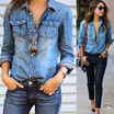 Women Fashion Denim Jeans Casual Long Sleeve Lapel Flip Collar Blouse Shirt Tops