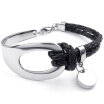 Hpolw Womens Leather Stainless Steel Bracelet Braided Bangle Black Silver