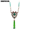 Long Natural Stone Beads Pendant Necklace For Women Antique Gold Color Resin Boho Ethnic Wedding Tassels Necklace Jewelry Gifts