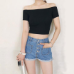Free Shipping Solid Color Slash Neck Summer T Shirt Crop Top Women Clothing Off Shoulder T-shirts Cropped Tops