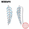 100 925 Sterling Silver Trendy Leaf Earrings for Women Blue Color Crystal Cuff Ear Clip Earing Fashion Jewelry Accessories 2018
