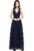 Sheer Back Bridesmaid Navy Blue Lace Evening Dress Long Cheap V Neck A Line Evening Party Dresse