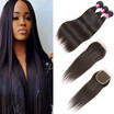 Glary Malaysian Virgin Hair Bundles with Closure Straight with Closure Human Hair 3 Bundles with Closure Free Part Natural Color