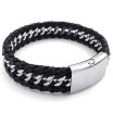 Hpolw Mens Fashion Men Jewelry Punk Style black&white Stainless Steel Leather weave BraceletHidden-safety-clasp