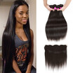 100 Unprocessed Malaysian Straight Virign Human Hair Bundles with 134 Lace Frontal Closure Wholesale Bundles with Frontal