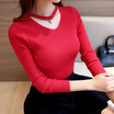 Pullover slim halter knitted women short casual jumper solid beads v-neck Sweater