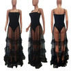 Women Sexy Spaghetti Strap Solid Mesh Perspective Ruffled Clubwear Party Dress