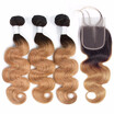 HCDIVA Virgin Ombre Hair Bundle with Closure Brazilian Body Wave 2 Tone T1b27 Dark Roots Blonde Ombre 3 Bundle with Closure
