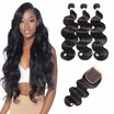 HCDIVA Virgin Hair 3 Bundles With Closure Brazilian Body Wave Human Hair Bundles Plus Closure Free Middle Three Part 4 pcslot
