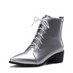 IDIFU Womens Sexy Pointed Toe Blocked Mid Heel Lace-up Patent Leather Short Boots