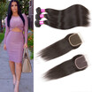 Glary Indian Human Hair with Closure Silky Straight Virgin Hair 100 Unprocessed Hair Weave Extension 3 Bundles with Closure